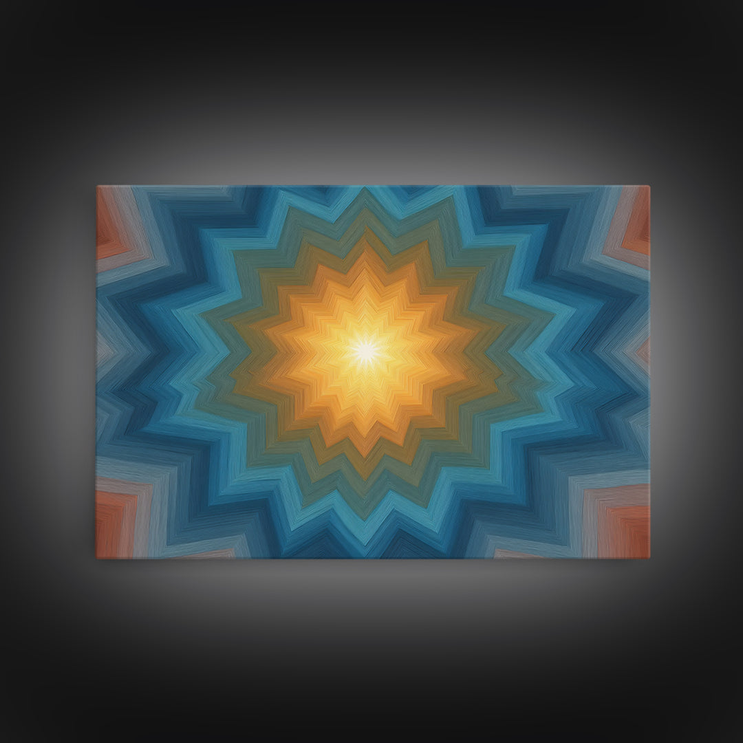 Teal And Orange Geometric Mandala Starburst Canvas Print, Midcentury Modern Wall Art, Atomic MCM Home Decor For Living Room