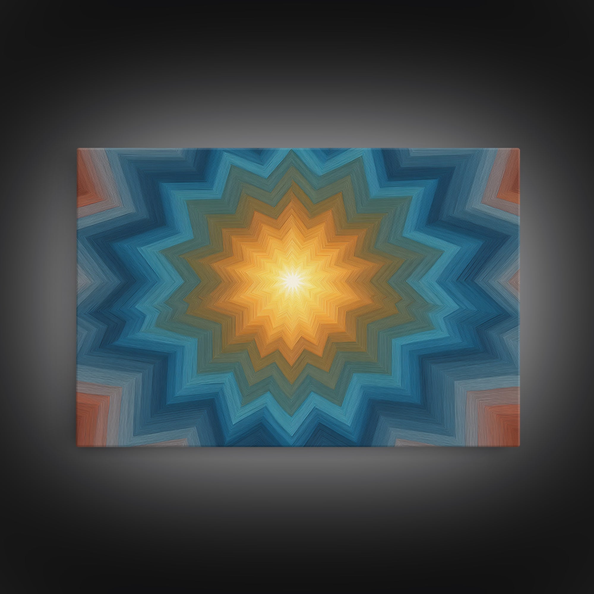 Teal And Orange Geometric Mandala Starburst Canvas Print, Midcentury Modern Wall Art, Atomic MCM Home Decor For Living Room