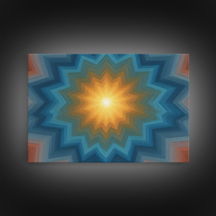 Teal And Orange Geometric Mandala Starburst Canvas Print, Midcentury Modern Wall Art, Atomic MCM Home Decor For Living Room