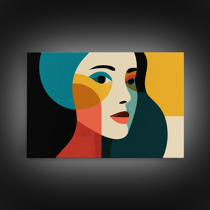 Geometric Minimal Woman Portrait Canvas Print, Midcentury Modern Wall Decor, Teal Orange Abstract Art, Retro MCM Home Decor