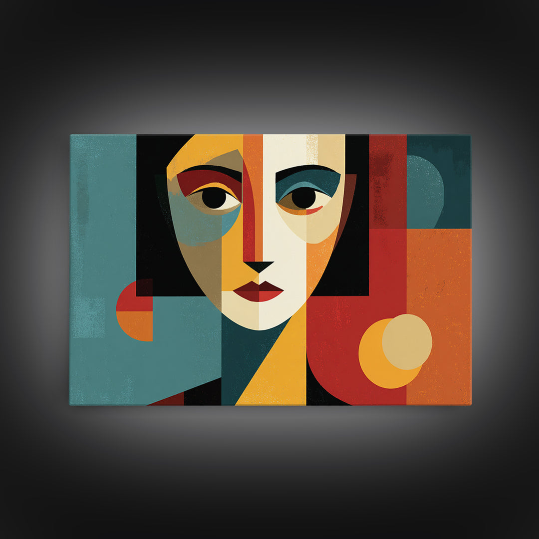 Cubist Geometric Woman Face Framed Canvas Print, Midcentury Modern Art, Bauhaus Poster, Color Block Living Room Wall Decor