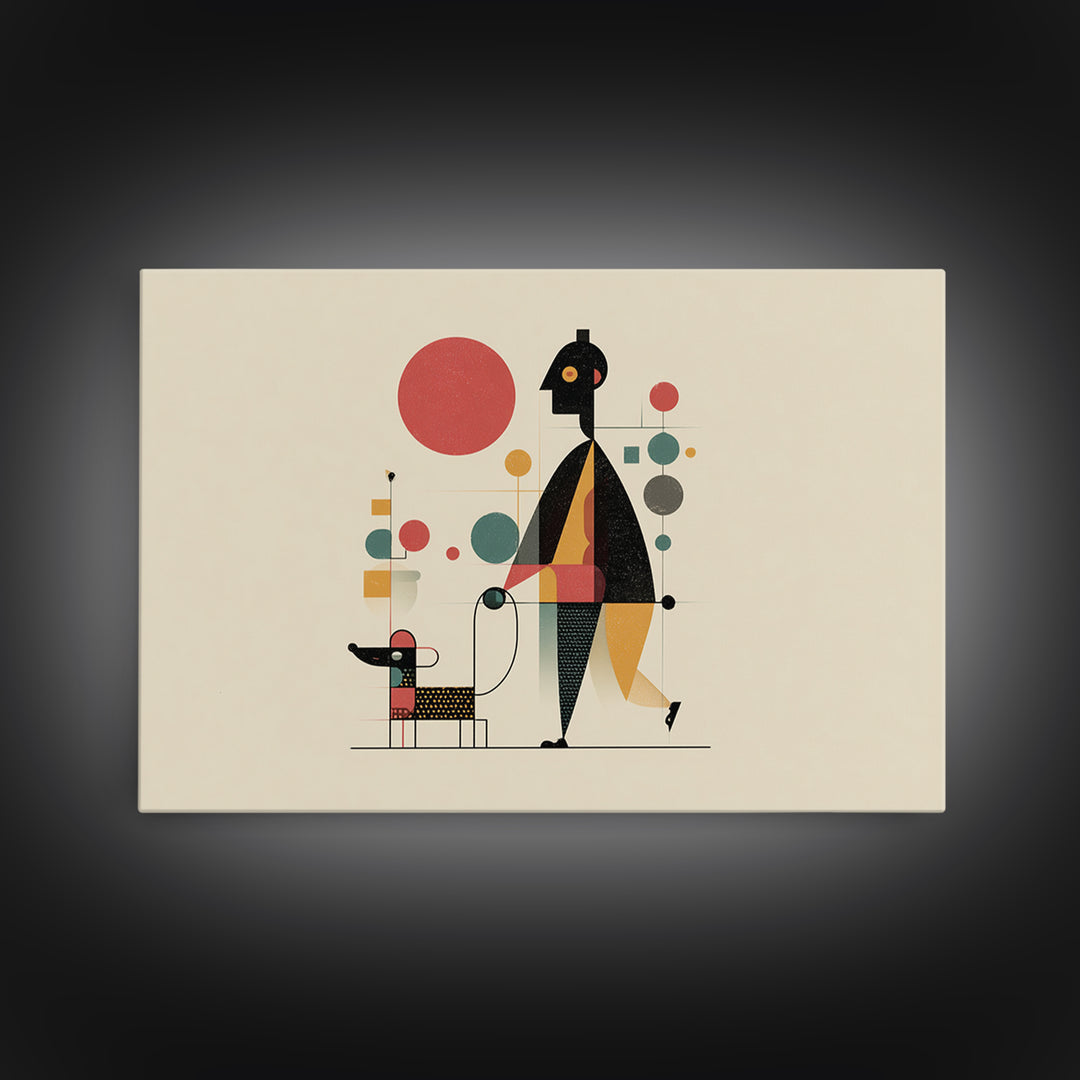 Whimsical Abstract Figure With Dog Canvas Print, Midcentury Modern Wall Art, Atomic Circles, Retro MCM Nursery Office Decor