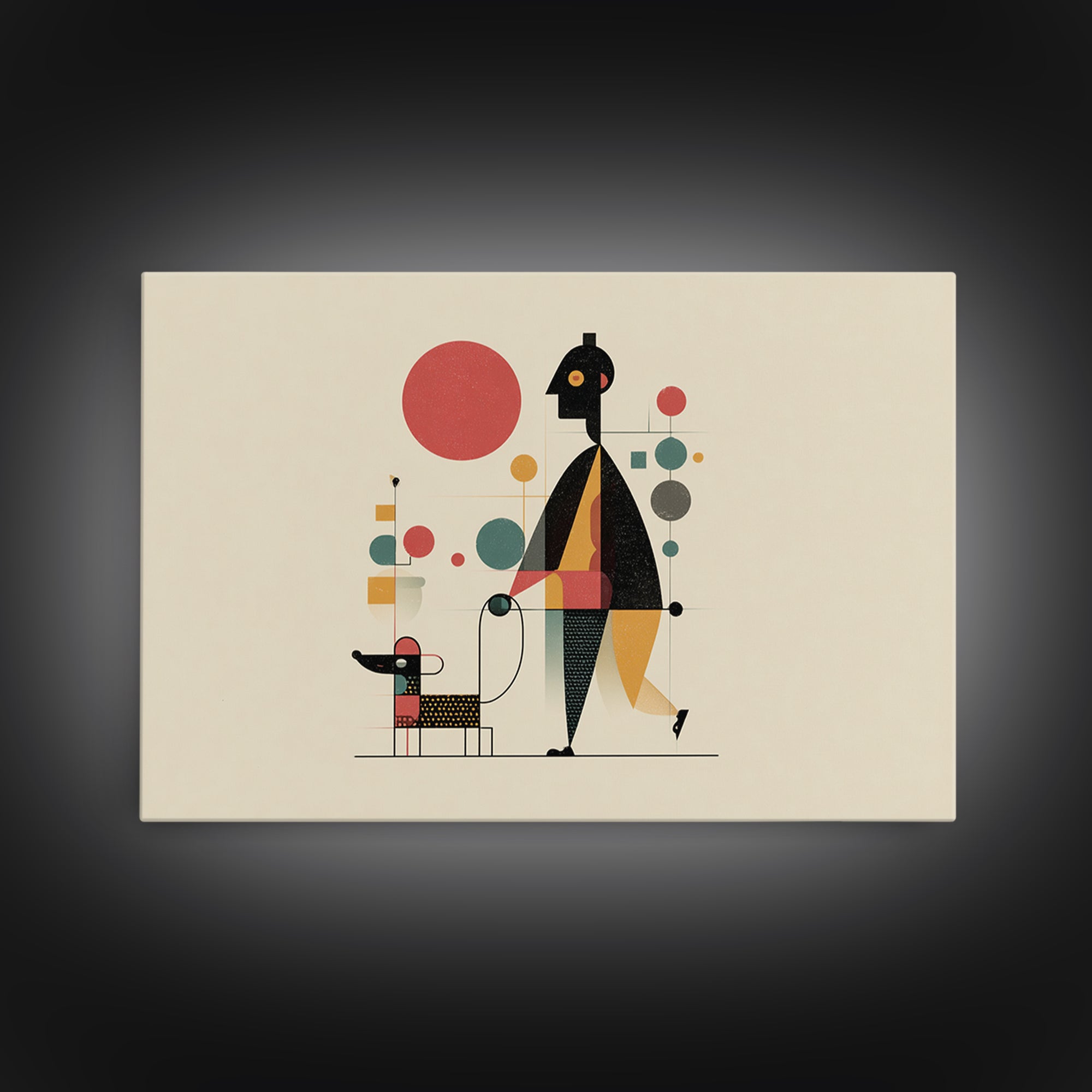 Whimsical Abstract Figure With Dog Canvas Print, Midcentury Modern Wall Art, Atomic Circles, Retro MCM Nursery Office Decor