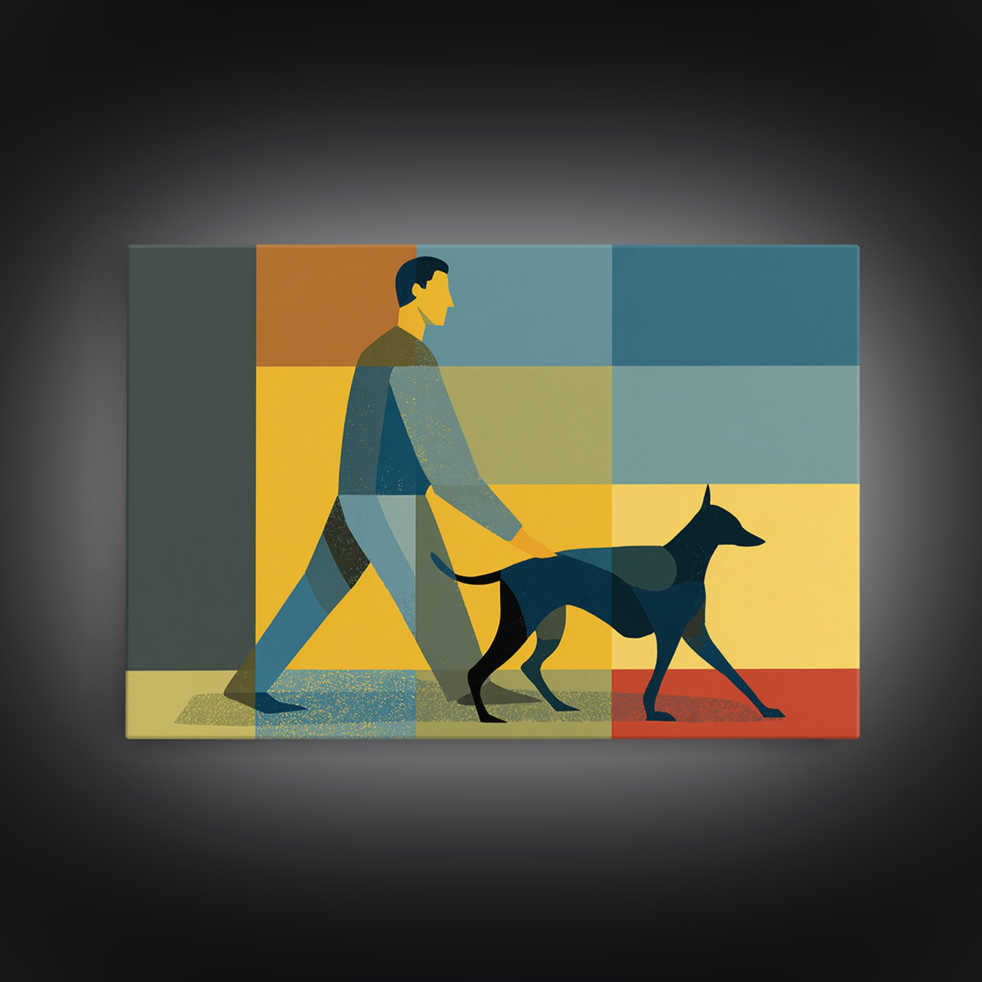 Man Walking Dog Color Block Wall Art, Midcentury Modern Print, Retro Geometric Poster, Blue Yellow Living Room Home Decor