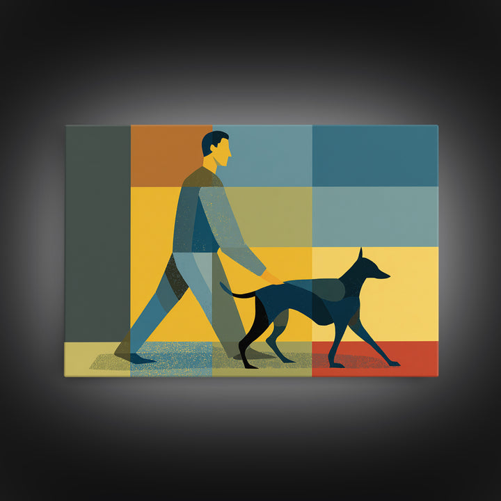 Man Walking Dog Color Block Wall Art, Midcentury Modern Print, Retro Geometric Poster, Blue Yellow Living Room Home Decor