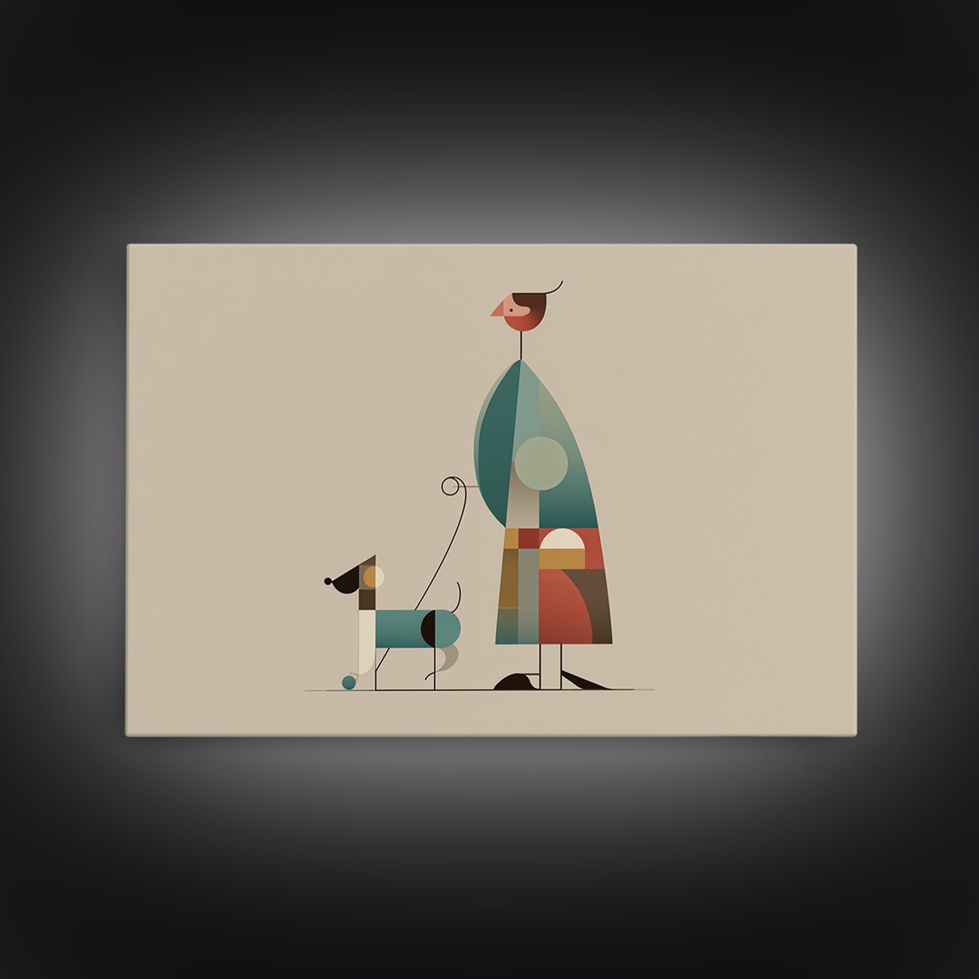 Minimalist Woman Walking Dog Canvas Print, Midcentury Modern Art, Scandinavian Retro Decor, Neutral Beige Gallery Wall Art