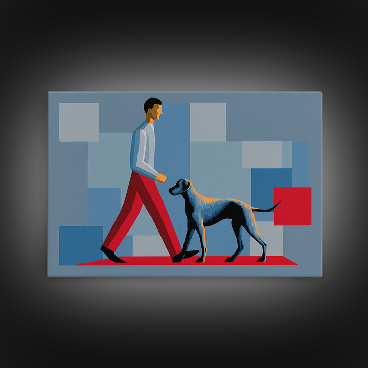 Stylish Man Walking Grey Dog Wall Art, Midcentury Modern Canvas Print, Blue Red Geometric Decor, Masculine Office Artwork