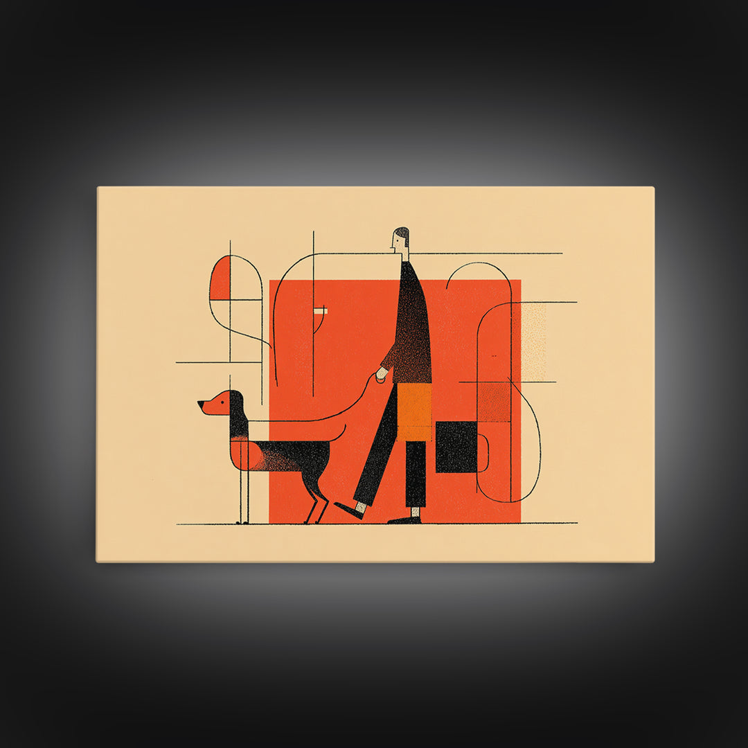 Linear Orange Dog Walker Wall Art, Midcentury Modern Abstract Print, Minimalist Geometric Poster, Retro Entryway Home Decor Gift