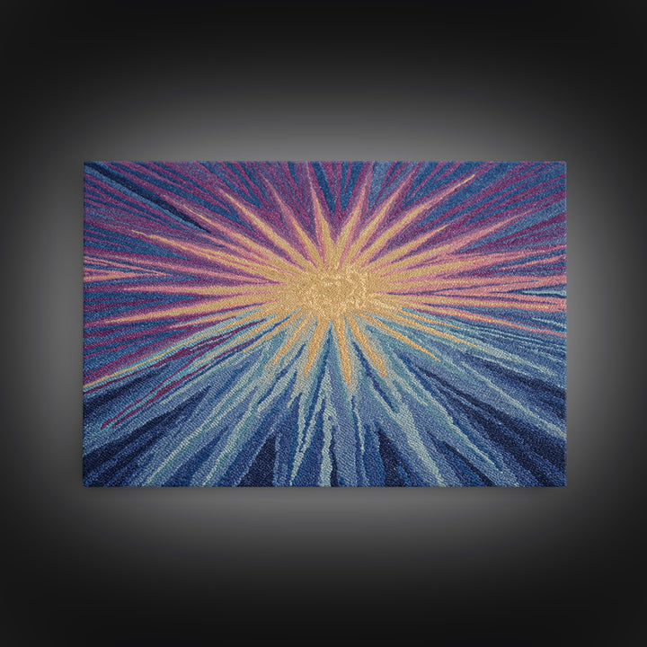 Blue Purple And Gold Radiant Sunburst Framed Canvas Print, Midcentury Modern Abstract Art, Textured Statement Wall Decor