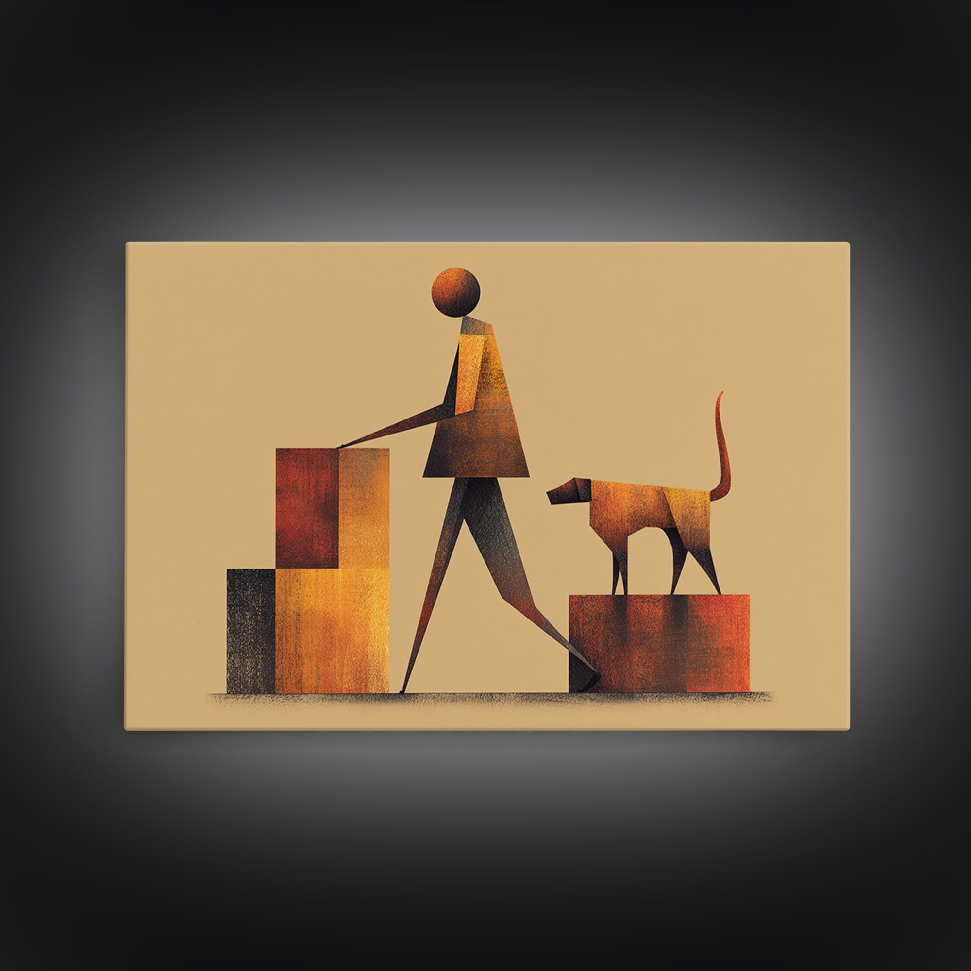 Stylized Figure With Dog On Steps Canvas Print, Midcentury Modern Wall Art, Warm Orange Brown Geometric Home Office Decor