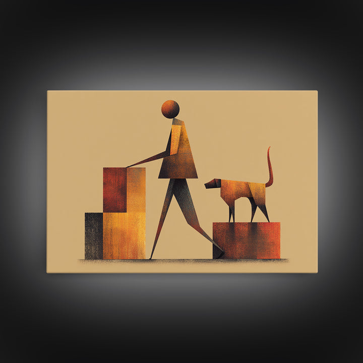 Stylized Figure With Dog On Steps Canvas Print, Midcentury Modern Wall Art, Warm Orange Brown Geometric Home Office Decor