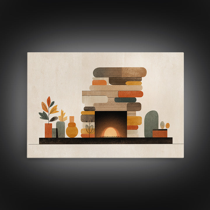 Cozy Midcentury Fireplace Wall Art, Warm Geometric Hearth Canvas Print, Retro MCM Home Decor For Living Room And Office Decor