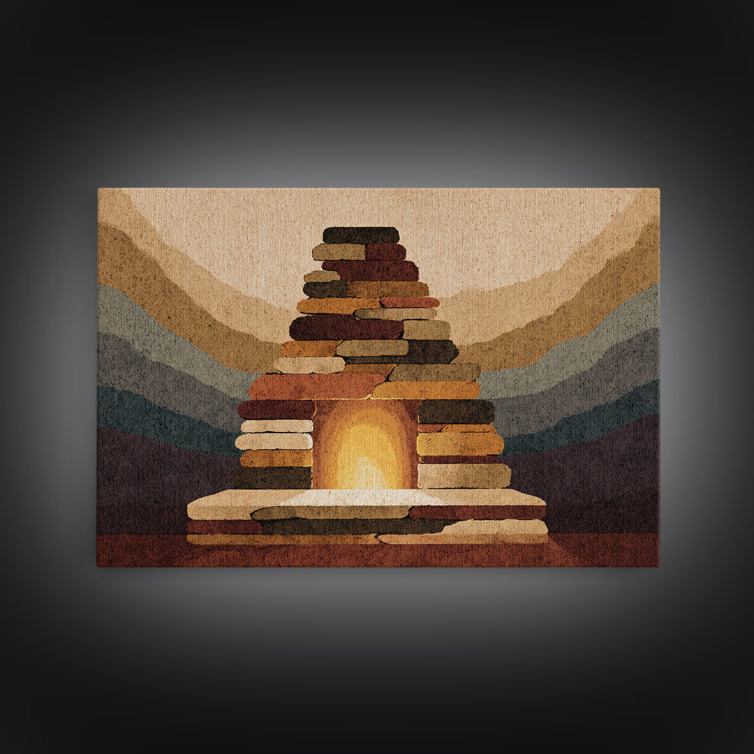 Rustic Stone Fireplace Wall Art, Mountain Lodge Midcentury Canvas Print, Warm Cabin Decor For Living Room Or Office Gallery
