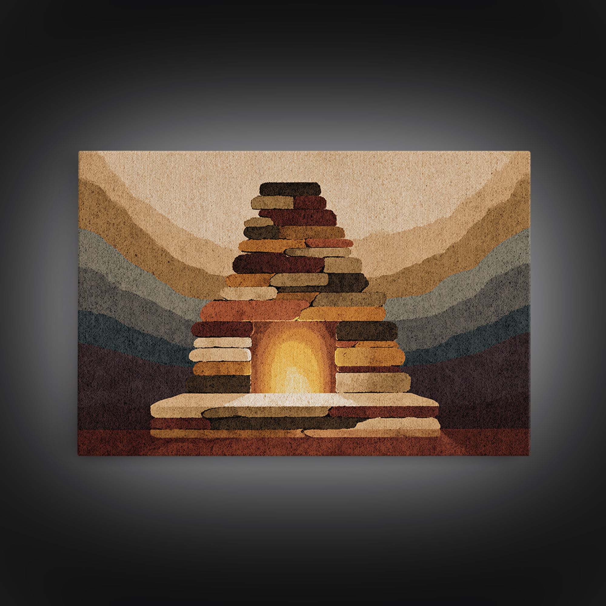 Rustic Stone Fireplace Wall Art, Mountain Lodge Midcentury Canvas Print, Warm Cabin Decor For Living Room Or Office Gallery