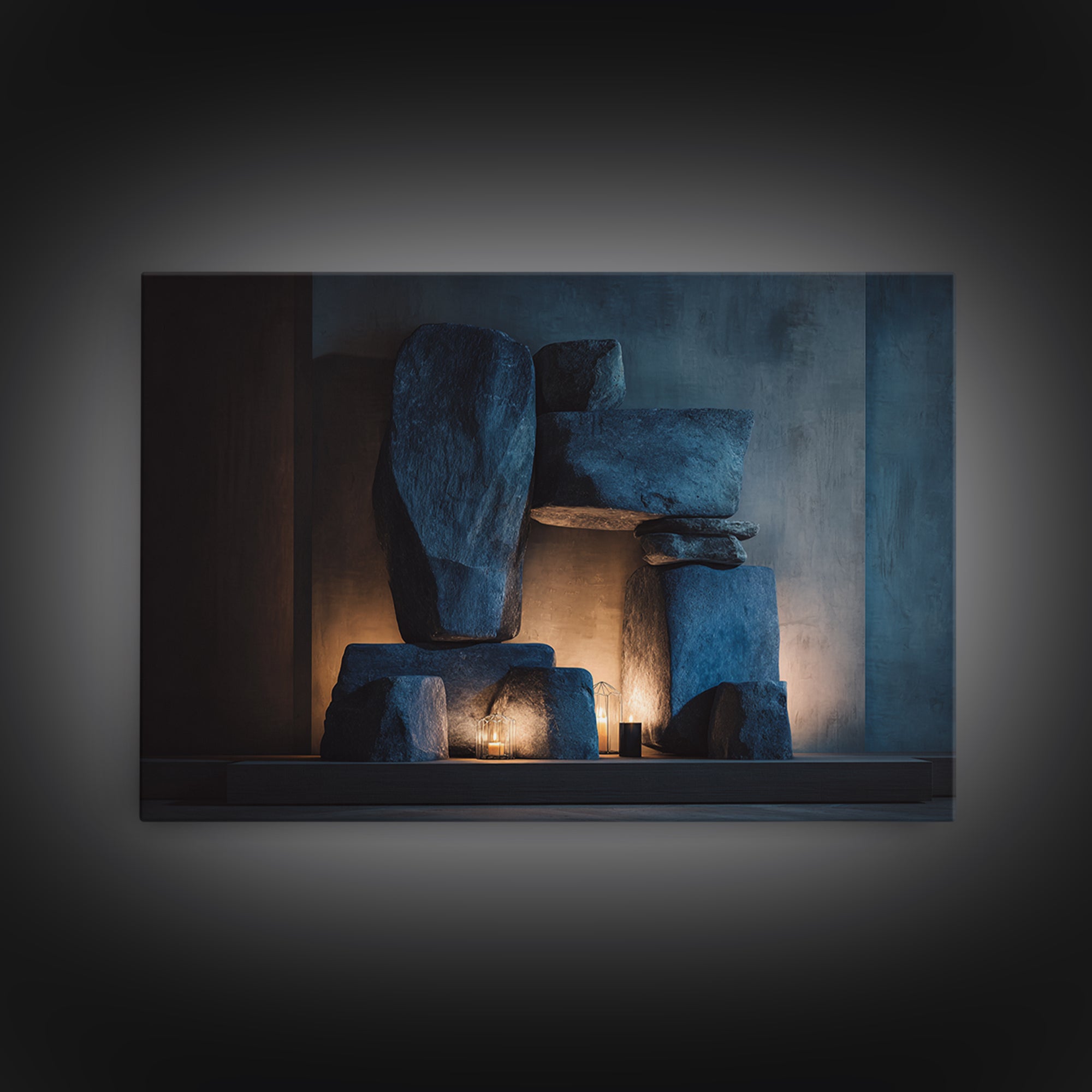 Blue Megalith Stone Sculpture Wall Art, Dramatic Modern Framed Canvas Print, Moody Minimalist Decor For Home Office Or Den