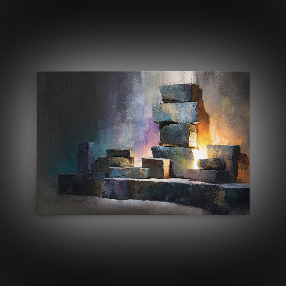 Stacked Stone Blocks Wall Art, Glowing Abstract Sculpture Canvas Print, Modern Contemporary Decor For Living Room Office