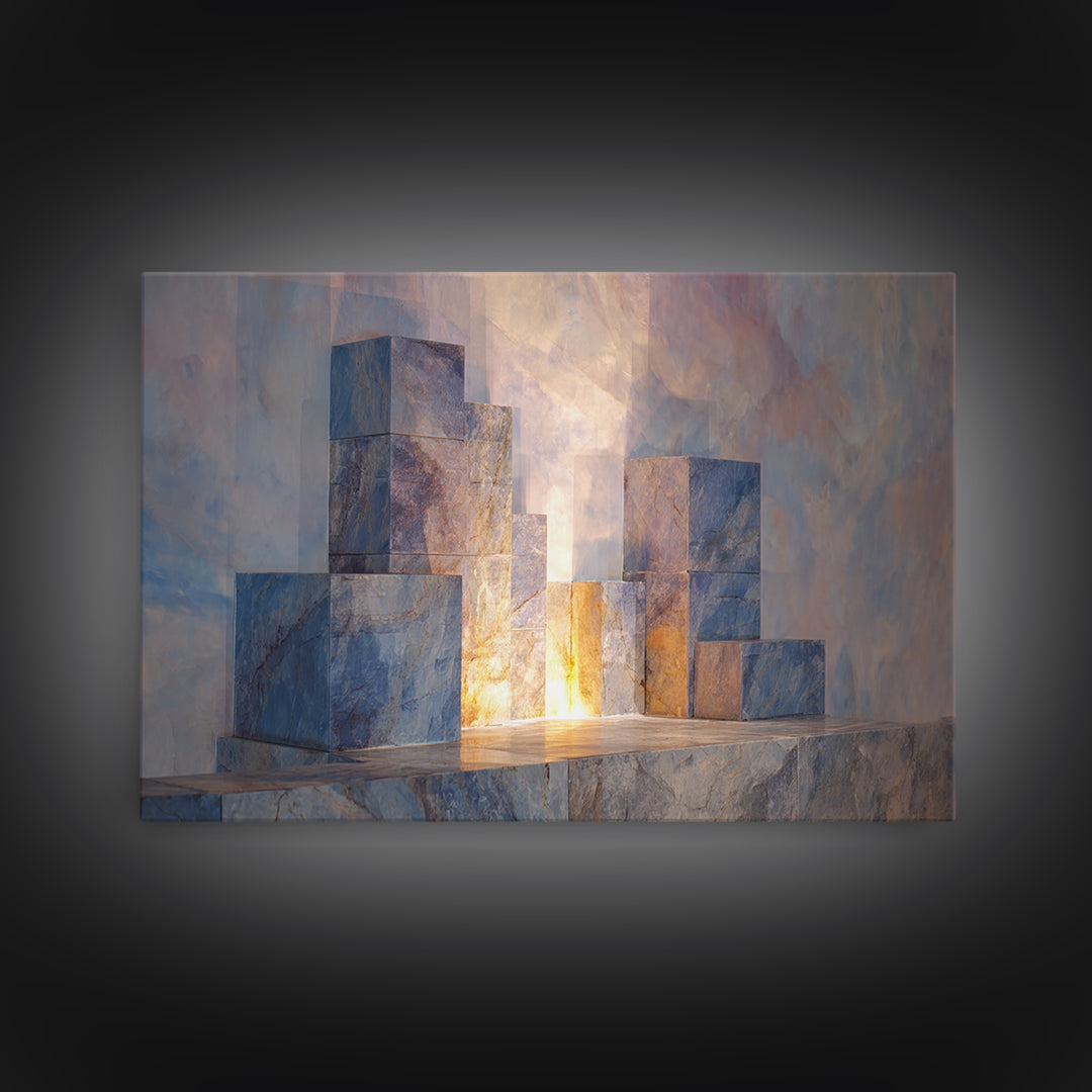 Pastel Marble Block City Wall Art, Luminous Geometric Framed Canvas Print, Modern Abstract Decor For Living Room Office Gallery