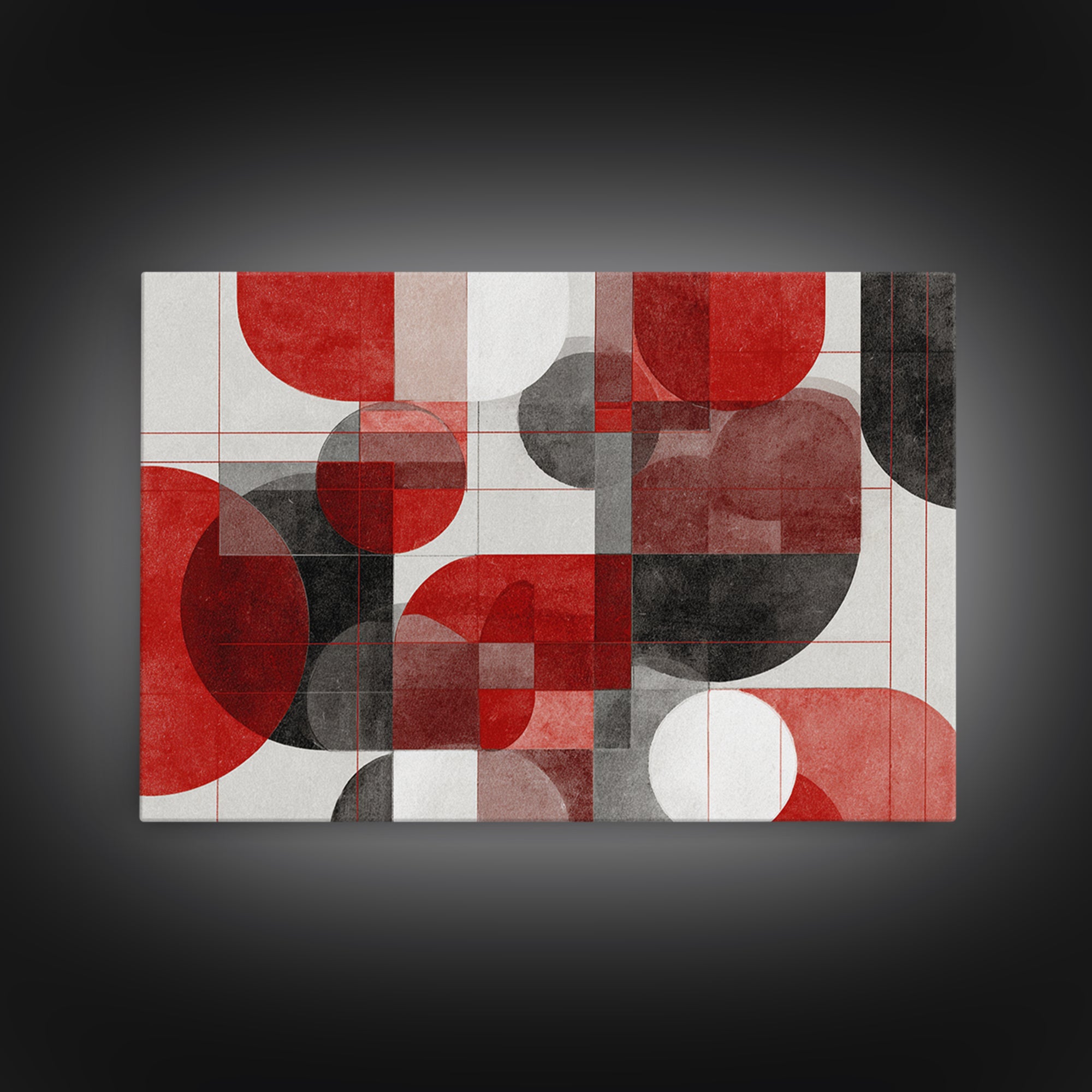 Red Black Geometric Circles Wall Art, Bauhaus Inspired Abstract Canvas Print, Modern MCM Decor For Living Room Office Gallery