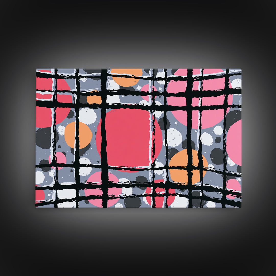 Pink Orange Wavy Grid Wall Art, Playful Abstract Circles Canvas Print, Retro Modern Geometric Decor For Dorm Office Or Studio