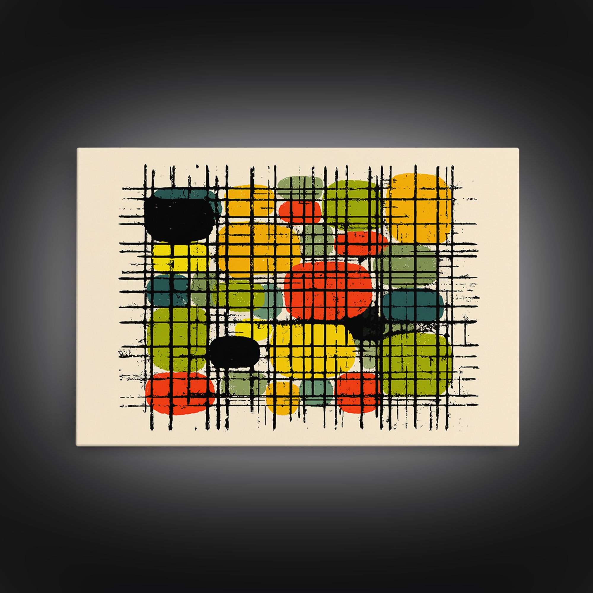 Colorful Grid Abstract Painting, Midcentury Modern Wall Art, Geometric Shapes Poster, Retro MCM Home Decor Canvas Print Gift