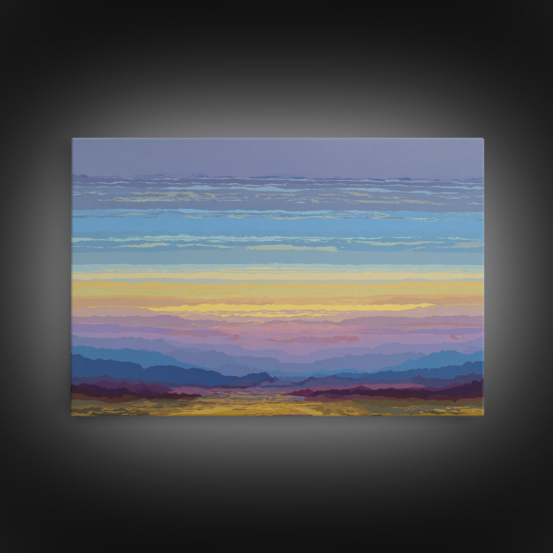 Pastel Mountain Sunset Landscape, Modern Wall Art, Scenic Nature Art Print, Serene Living Room Decor Framed Canvas Print