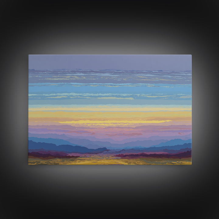 Pastel Mountain Sunset Landscape, Modern Wall Art, Scenic Nature Art Print, Serene Living Room Decor Framed Canvas Print
