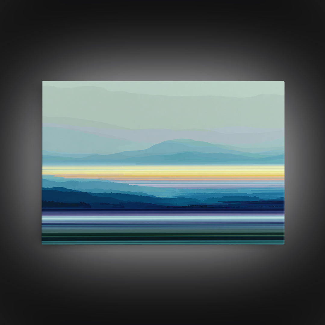 Misty Blue Mountain Lake Horizon, Modern Wall Art, Serene Landscape Art Print, Calm Bedroom Decor Framed Canvas Print Gift
