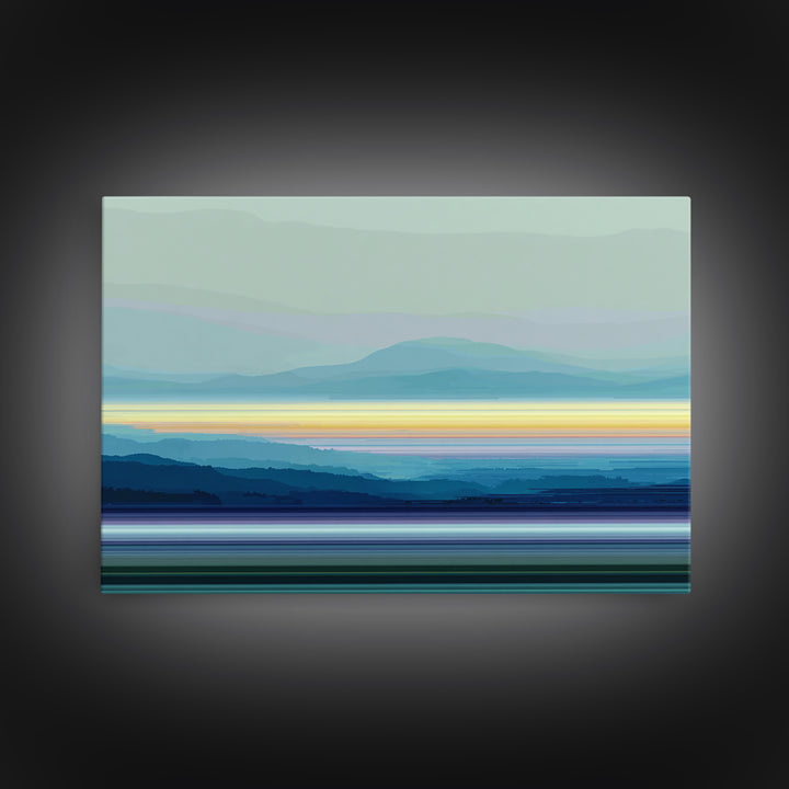 Misty Blue Mountain Lake Horizon, Modern Wall Art, Serene Landscape Art Print, Calm Bedroom Decor Framed Canvas Print Gift