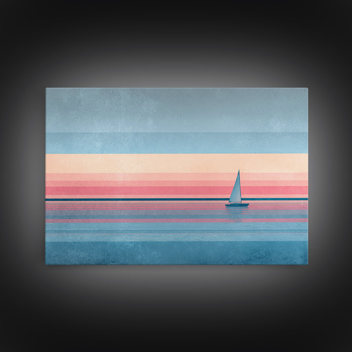 Pastel Sailboat Horizon Canvas Print, Coastal Wall Art, Minimalist Seascape, Retro Modern Decor For Beach House, Living Room Art