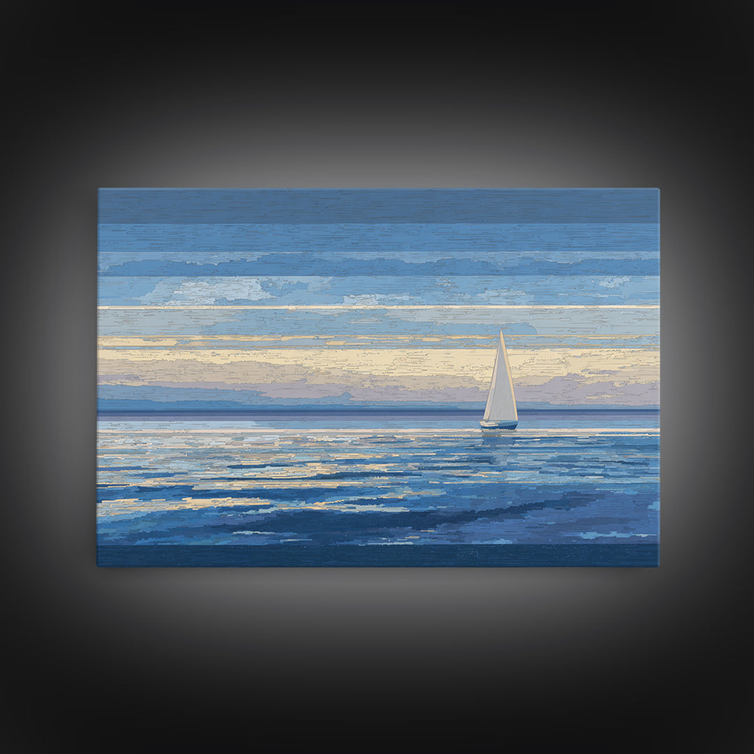 Blue Sailboat Seascape Framed Canvas Print, Coastal Wall Art, Ocean Landscape, Modern Home Decor For Living Room, Blue Wall Art