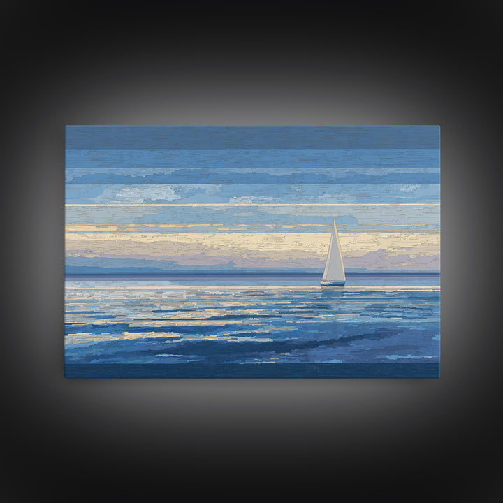 Blue Sailboat Seascape Framed Canvas Print, Coastal Wall Art, Ocean Landscape, Modern Home Decor For Living Room, Blue Wall Art