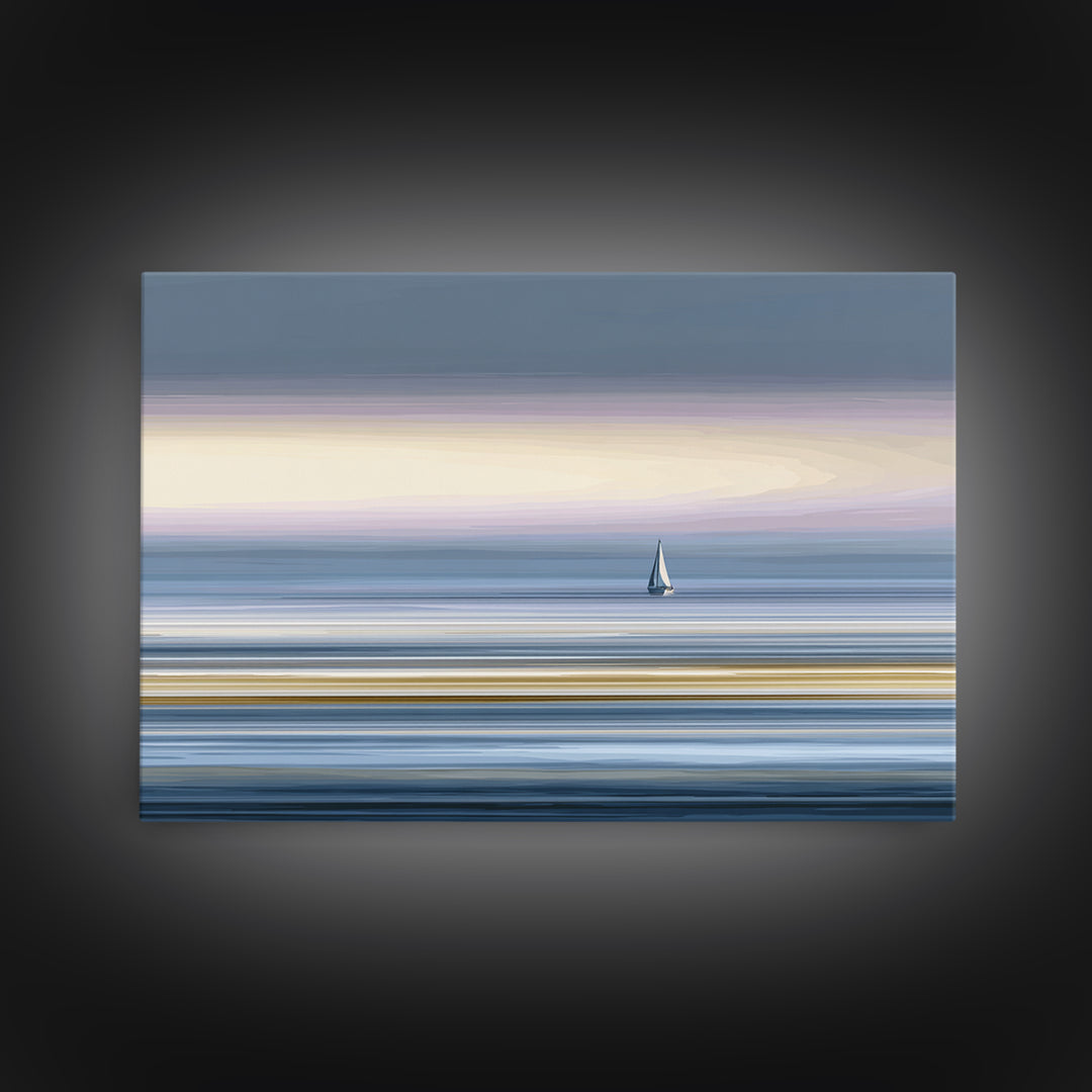 Minimal Sailboat At Dusk Canvas Print, Serene Coastal Wall Art, Pastel Ocean Horizon, Modern Bedroom Decor, Large Print Gift