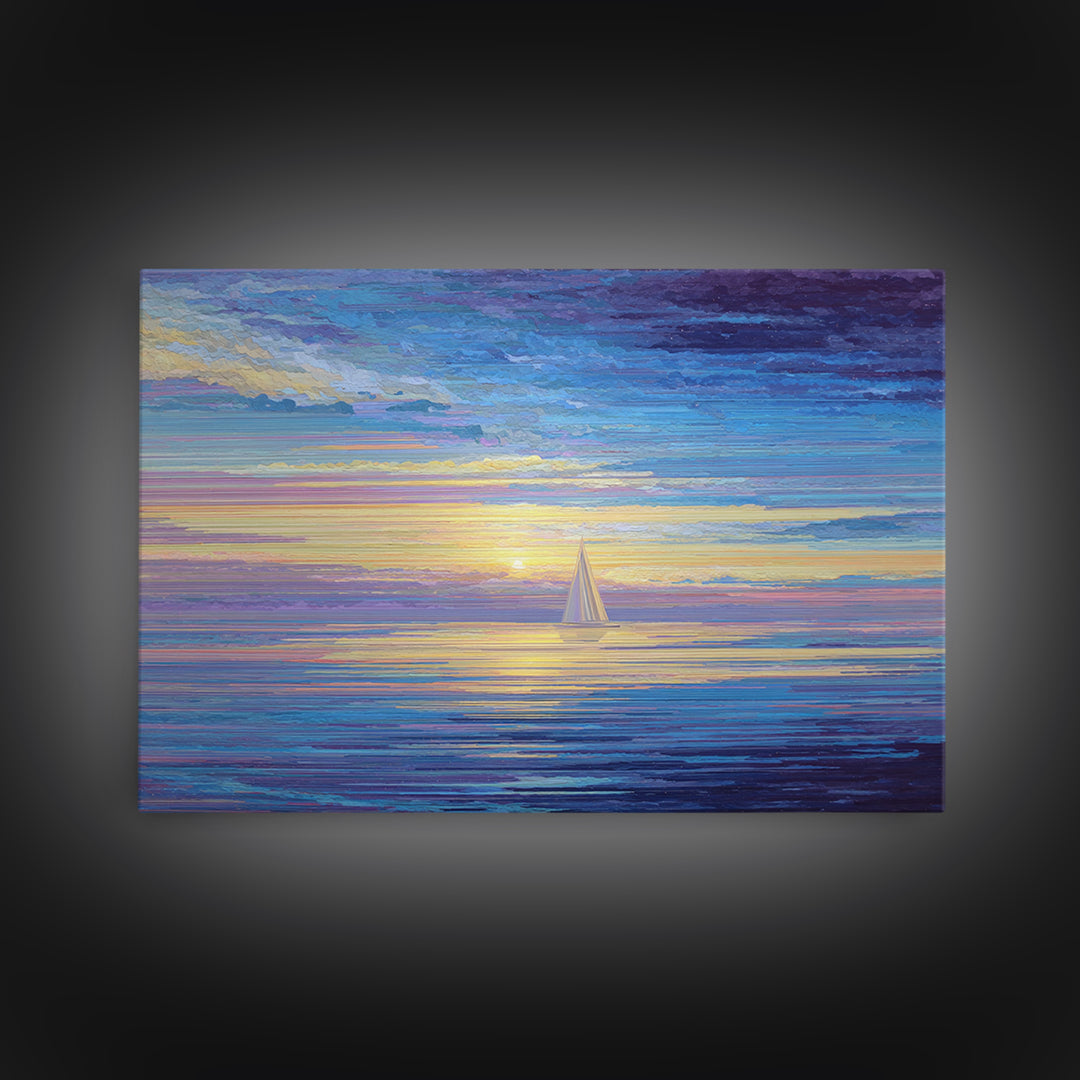 Sunset Sailboat Ocean Framed Canvas Print, Colorful Seascape Wall Art, Coastal Modern Decor, Blue Purple Living Room Art