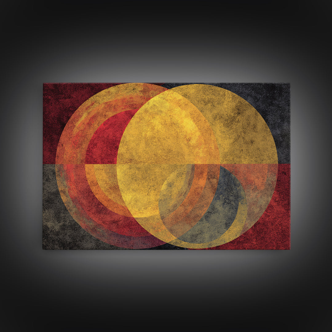 Red Gold Circle Abstract Wall Art, Midcentury Modern Canvas Print, Bauhaus Geometric Decor, Retro Home Office Statement Art