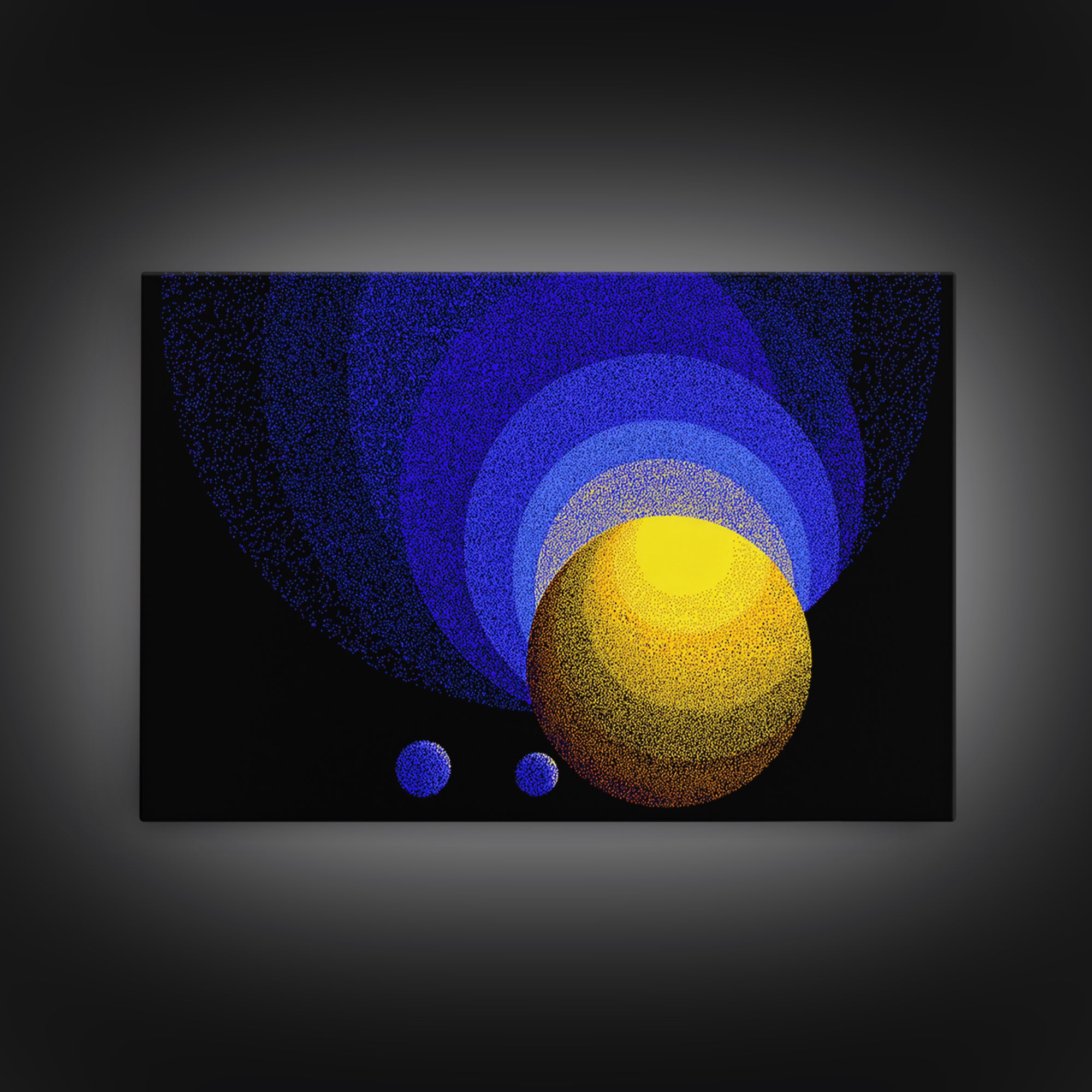 Blue Yellow Planet Spheres Wall Art, Cosmic Abstract Canvas Print, Modern Digital Art, Space Decor For Office Or Game Room