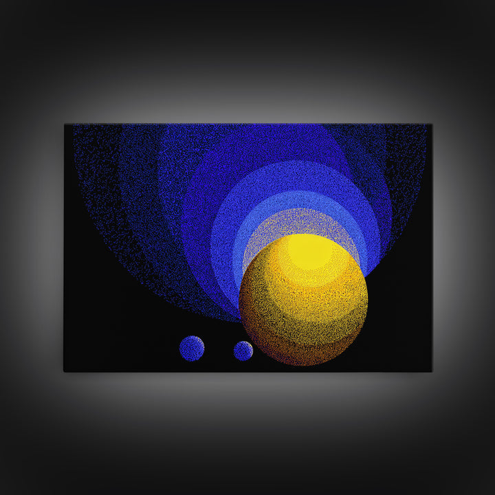Blue Yellow Planet Spheres Wall Art, Cosmic Abstract Canvas Print, Modern Digital Art, Space Decor For Office Or Game Room