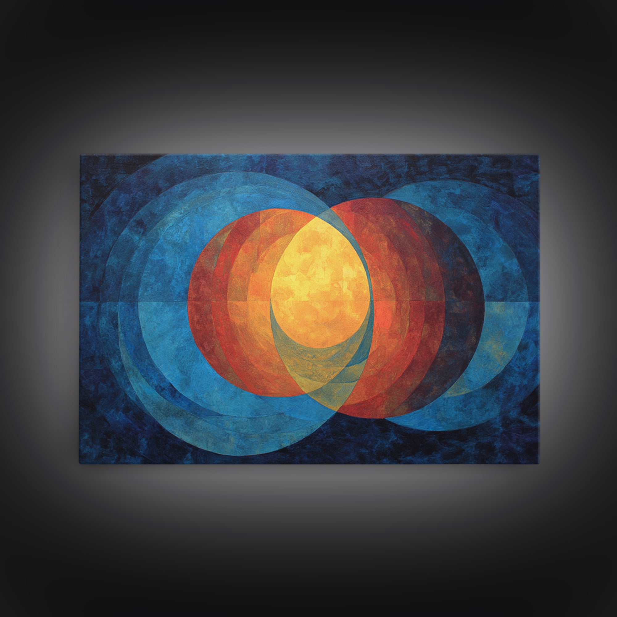 Blue Orange Overlapping Circles Wall Art, Midcentury Abstract Canvas Print, Modern Geometric Decor, Large Living Room Art