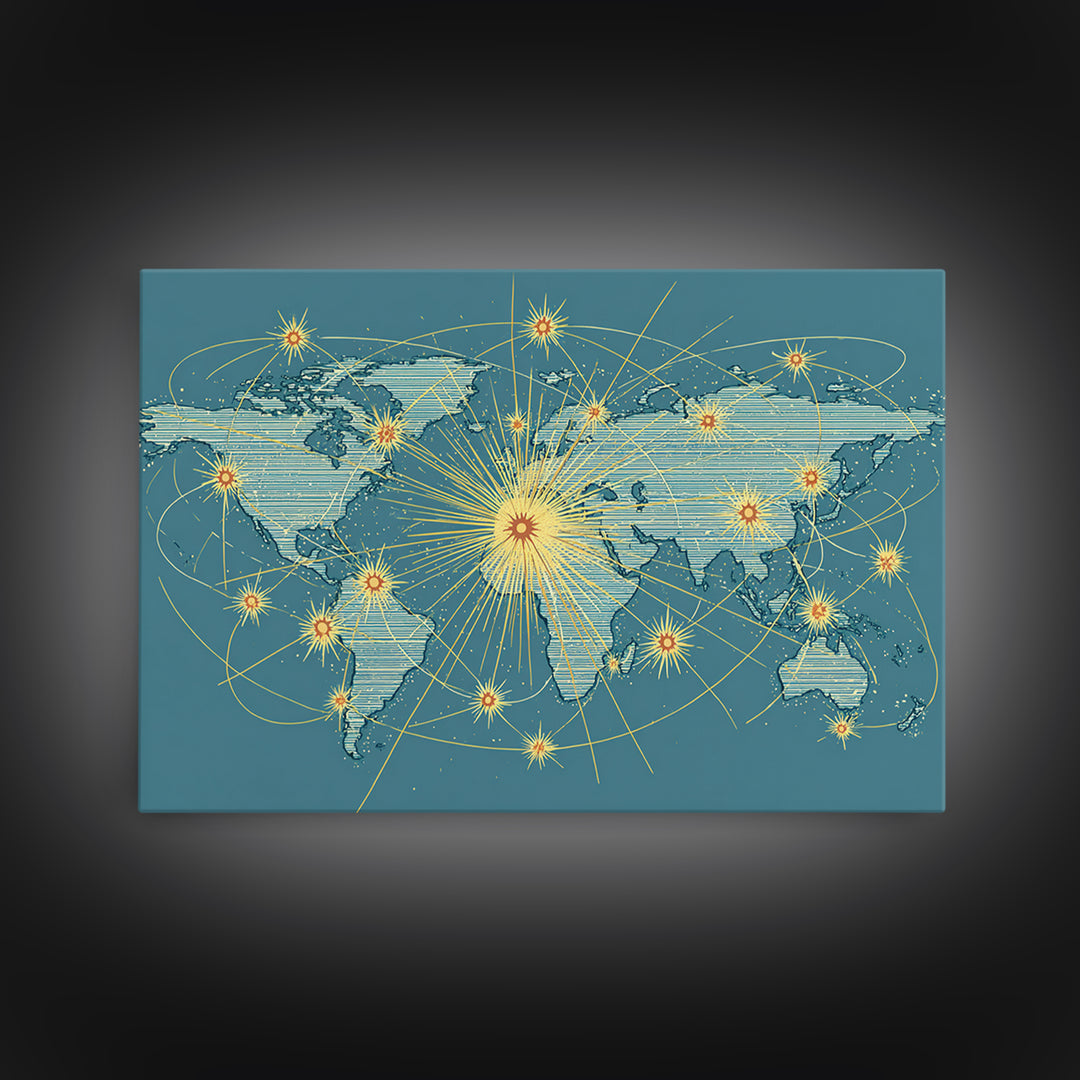 Retro World Map With Golden Network Lines Wall Art, Midcentury Modern Travel Poster, Atomic Office Decor For Global Home