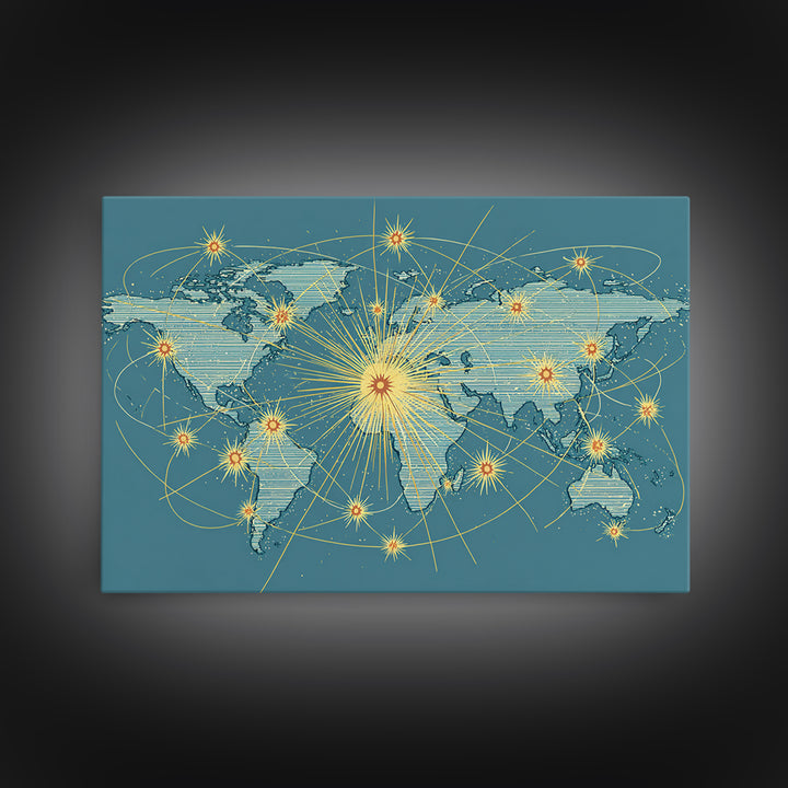 Retro World Map With Golden Network Lines Wall Art, Midcentury Modern Travel Poster, Atomic Office Decor For Global Home