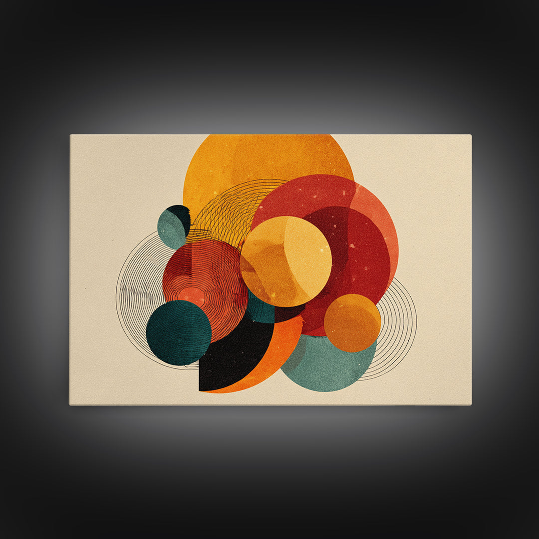 Orange Teal Circle Abstract Canvas Print, Midcentury Modern Wall Art, Bauhaus Geometric Poster, Warm Retro Home Decor Gift