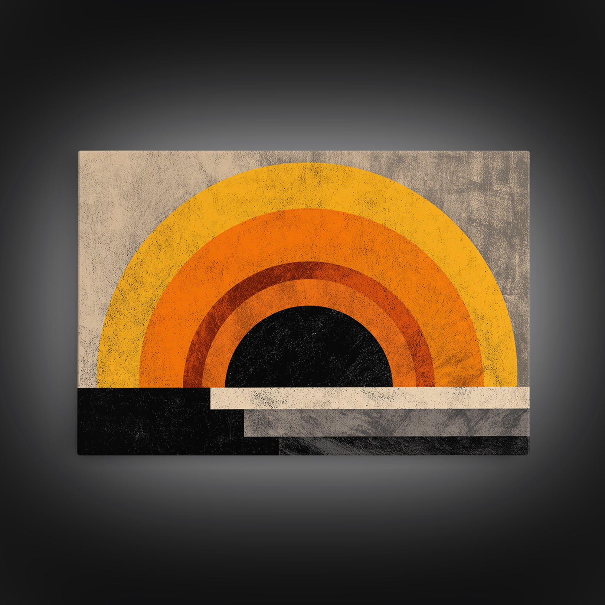 Orange Sun Rainbow Horizon Framed Canvas Print, Midcentury Sun Wall Art, Retro 70s Poster, Warm Modern Boho Living Room Home Decor
