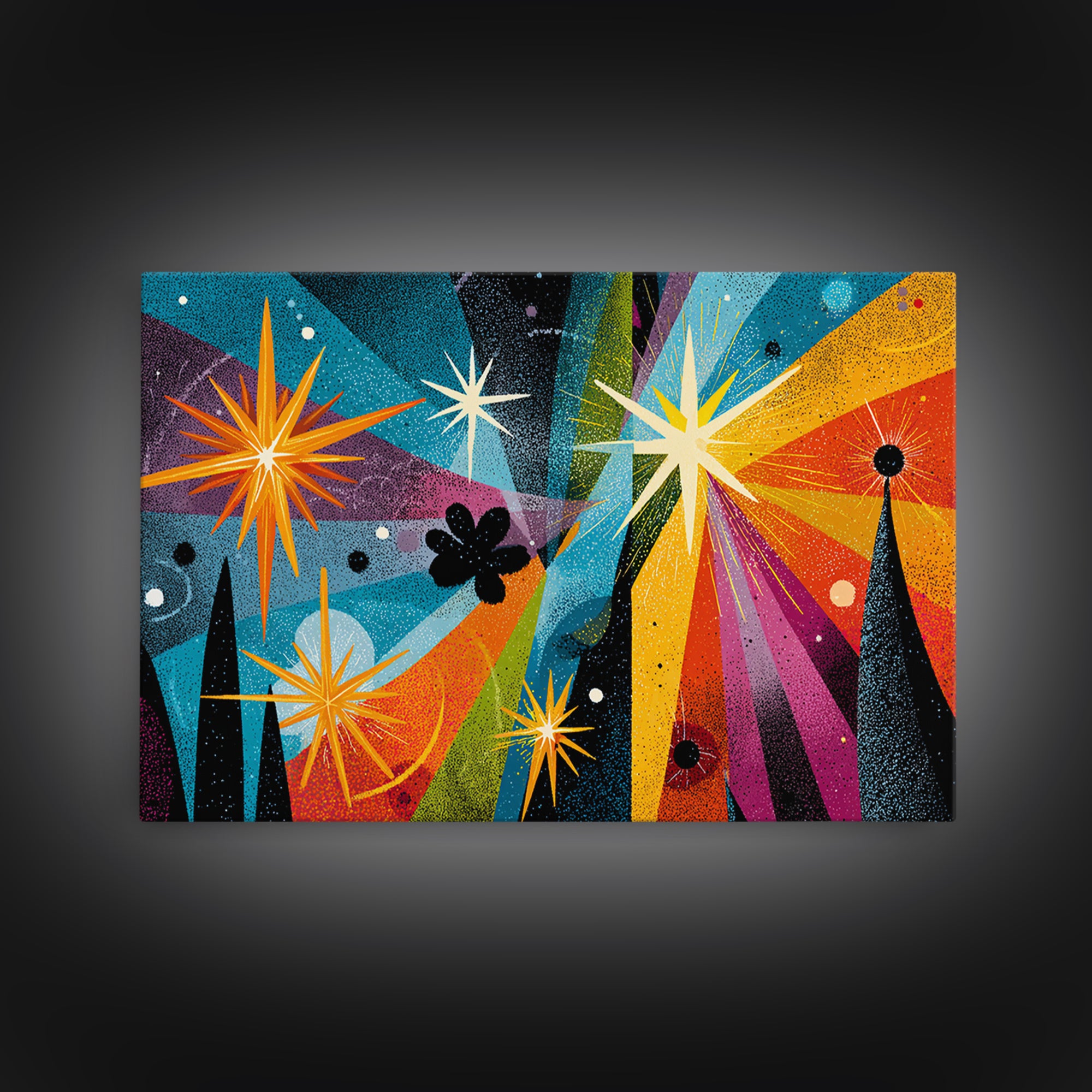 Colorful Atomic Starburst Night Wall Art, Midcentury Modern Art Print, Retro Space Abstract, Funky MCM Living Room Wall Decor
