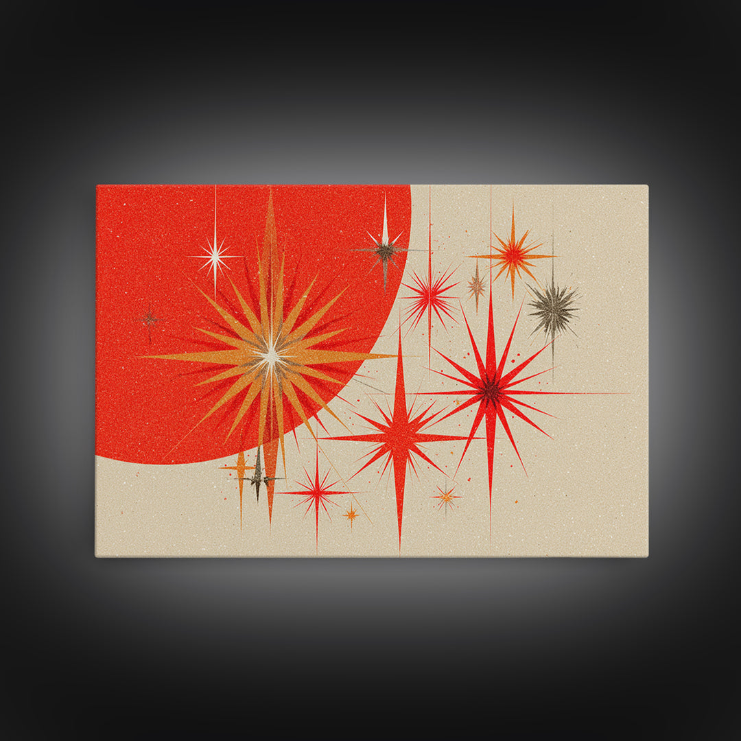Red Orange Starbursts And Circle Wall Art, Midcentury Modern Abstract Art Print, Atomic Retro Poster, Minimal Home Decor