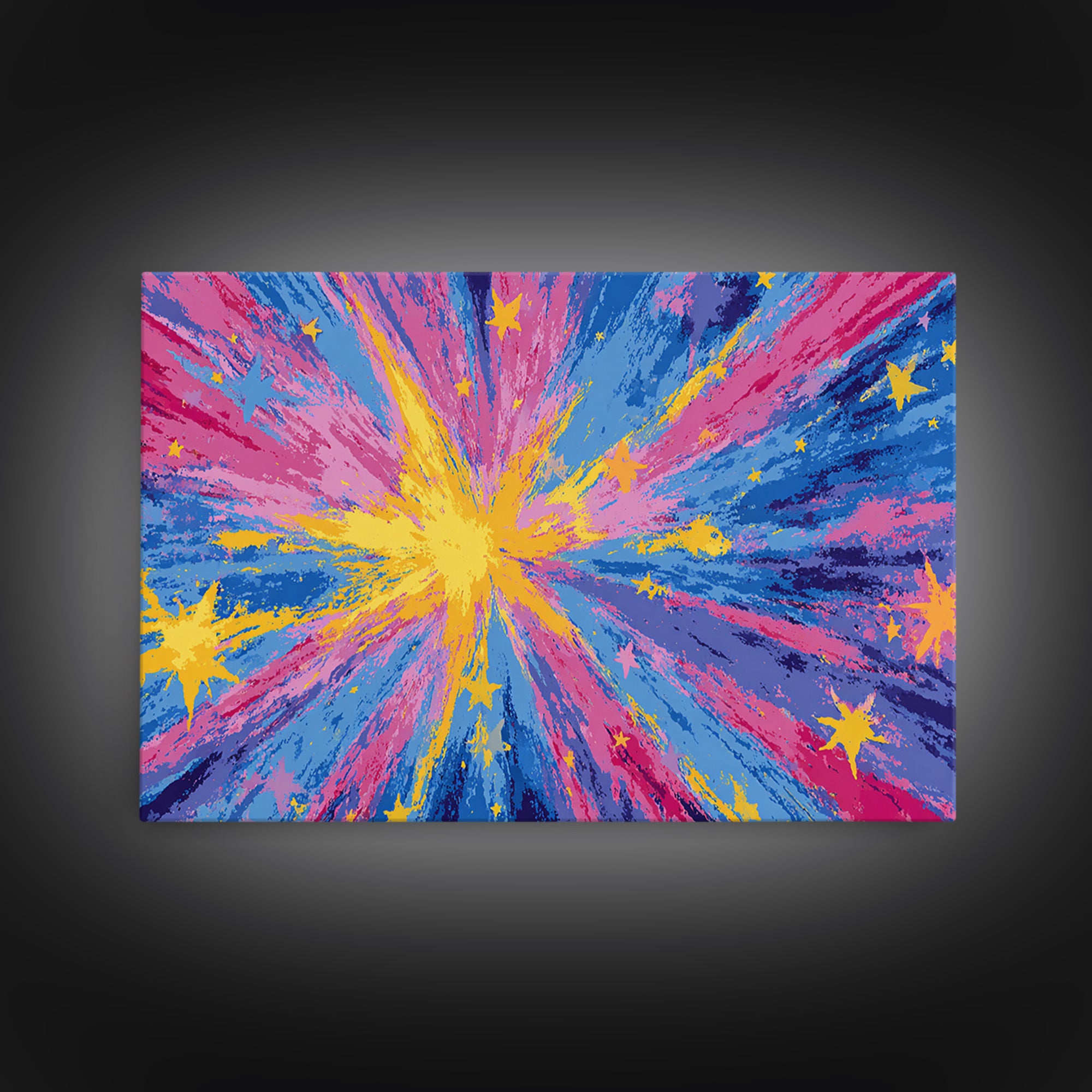 Pink Blue Yellow Star Explosion Canvas Print, Colorful Modern Wall Art, Retro Abstract Poster, Bright Kids Room Nursery Decor