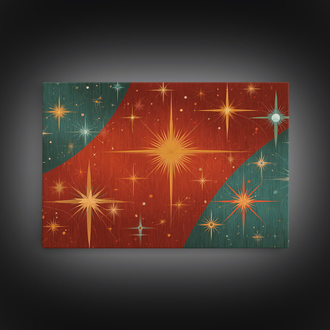 Red Teal Atomic Starburst Wall Art, Midcentury Modern Art Print, Retro Space Abstract, Warm MCM Living Room Statement Home Decor