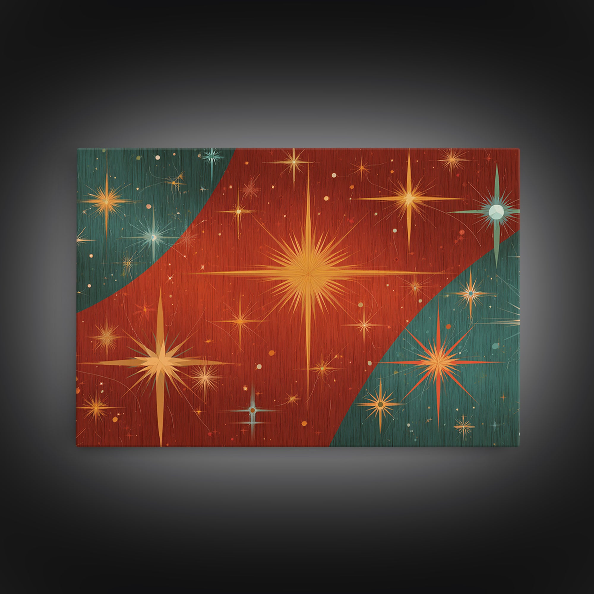 Red Teal Atomic Starburst Wall Art, Midcentury Modern Art Print, Retro Space Abstract, Warm MCM Living Room Statement Home Decor