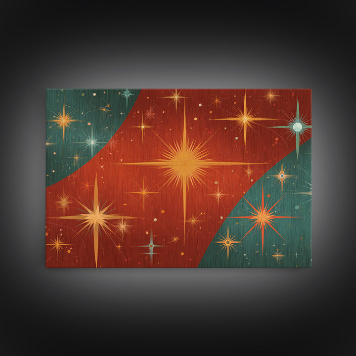 Red Teal Atomic Starburst Wall Art, Midcentury Modern Art Print, Retro Space Abstract, Warm MCM Living Room Statement Home Decor