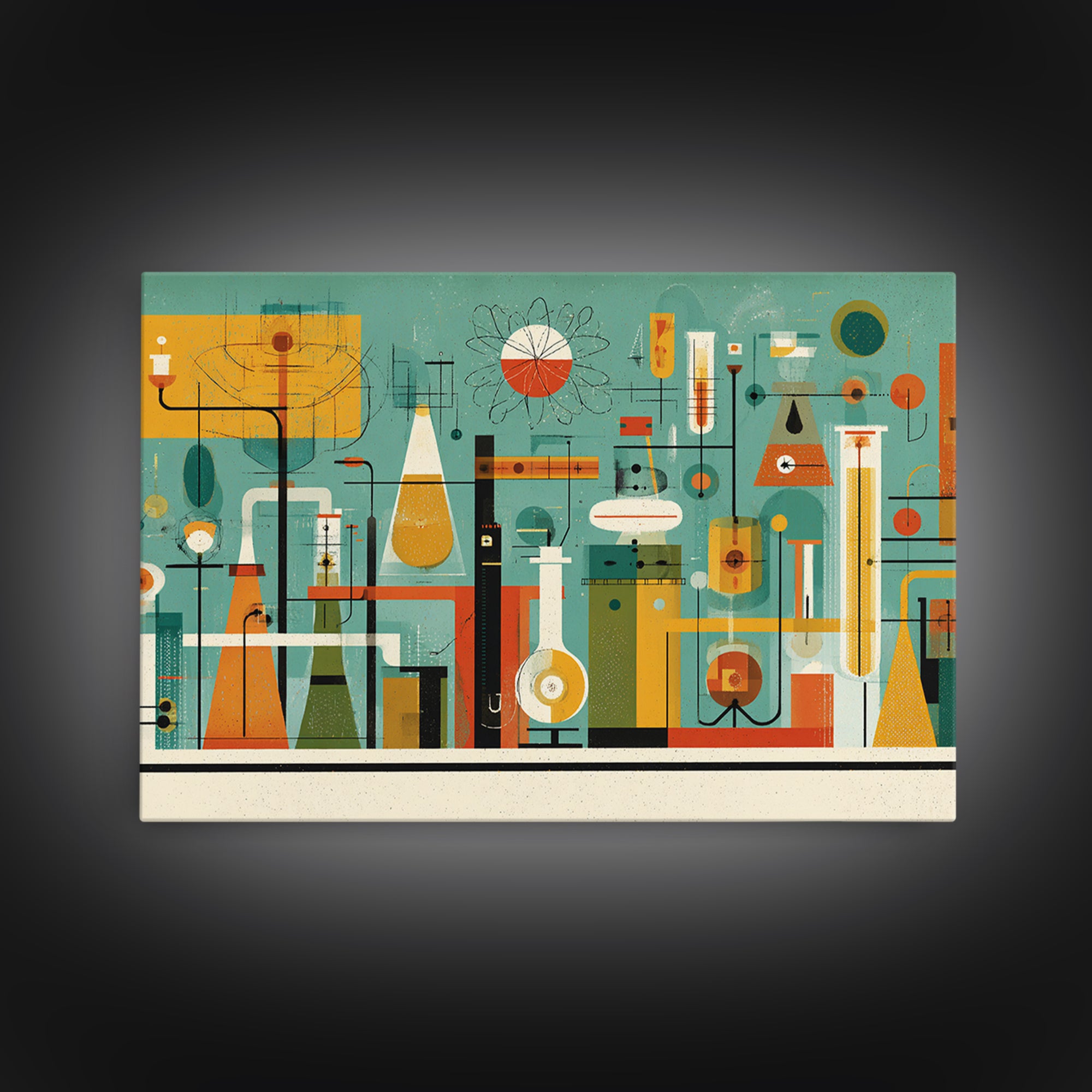 Retro Chemistry Lab With Beakers Wall Art, Midcentury Modern Science Print, Atomic Decor, Teal Orange Laboratory Artwork
