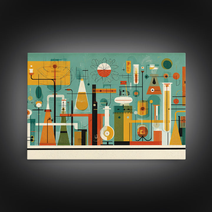 Retro Chemistry Lab With Beakers Wall Art, Midcentury Modern Science Print, Atomic Decor, Teal Orange Laboratory Artwork