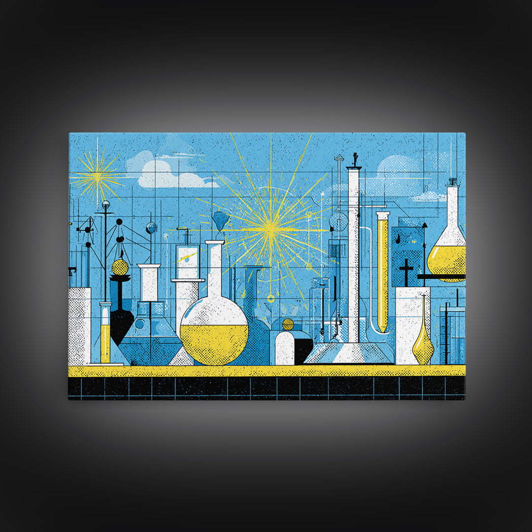 Blue Atomic Science Lab Canvas Print, Midcentury Modern Art, Yellow Sunburst Chemistry Decor, Retro Laboratory Wall Decor